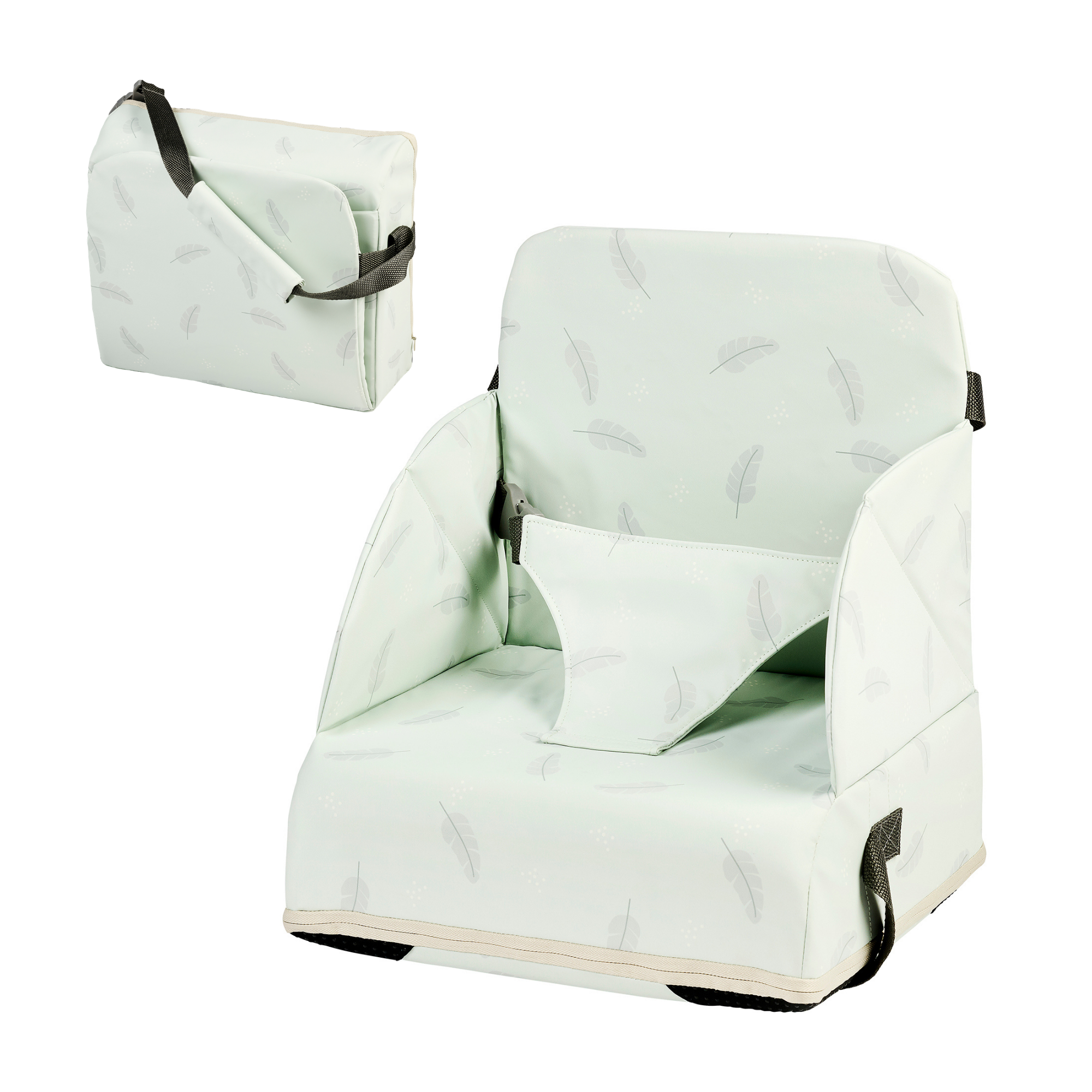 Foody Foldable Booster Seat for Dining Chair - Water-Resistant Seat with Safety Belt - Light Green with Feathers [DE]