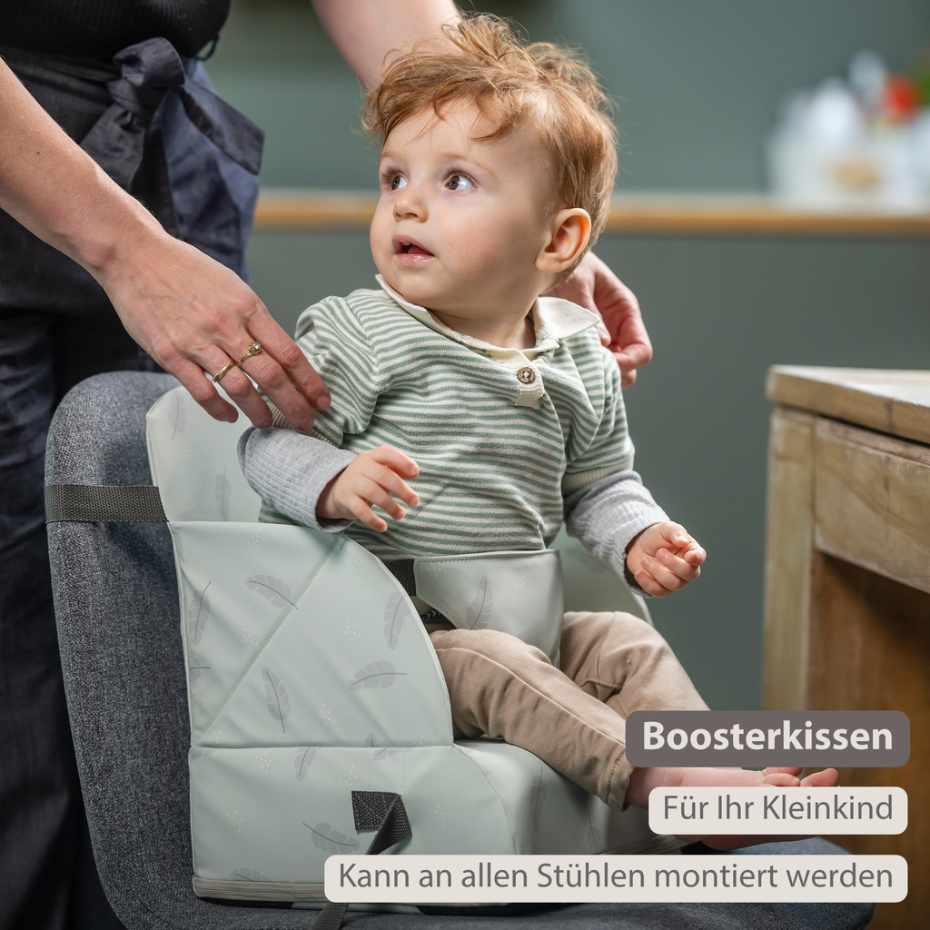 Foody Foldable Booster Seat for Dining Chair - Water-Resistant Seat with Safety Belt - Light Green with Feathers [DE]