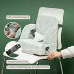 Foody Foldable Booster Seat for Dining Chair - Water-Resistant Seat with Safety Belt - Light Green with Feathers [DE]
