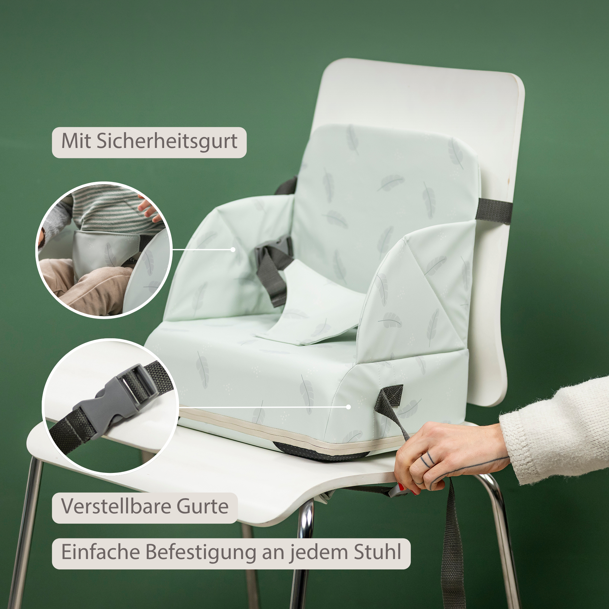 Foody Foldable Booster Seat for Dining Chair - Water-Resistant Seat with Safety Belt - Light Green with Feathers [DE]