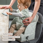 Foody Foldable Booster Seat for Dining Chair - Water-Resistant Seat with Safety Belt - Light Green with Feathers [DE]