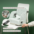 Foody Foldable Booster Seat for Dining Chair - Water-Resistant Seat with Safety Belt - Light Green with Feathers [ES]