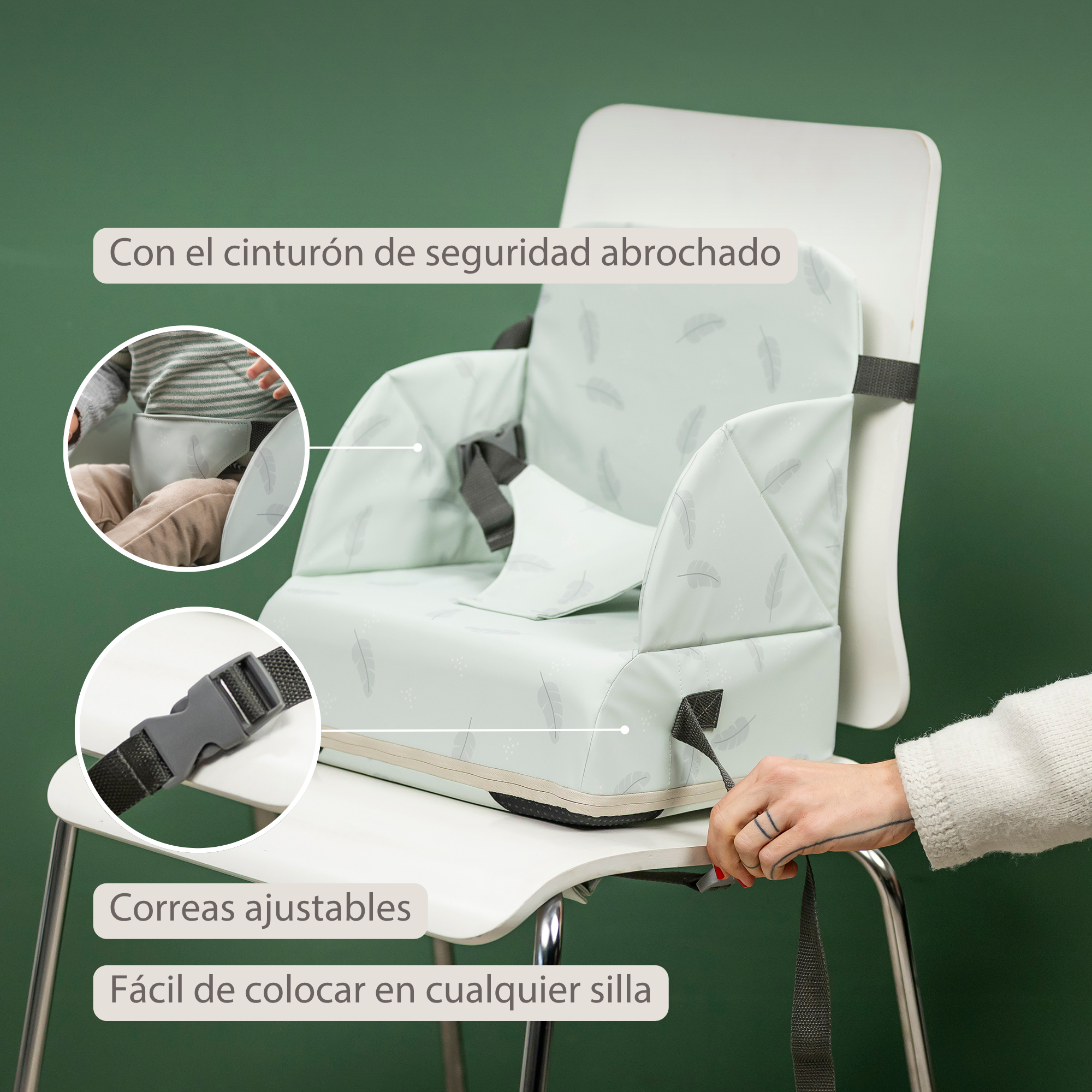 Foody Foldable Booster Seat for Dining Chair - Water-Resistant Seat with Safety Belt - Light Green with Feathers [ES]