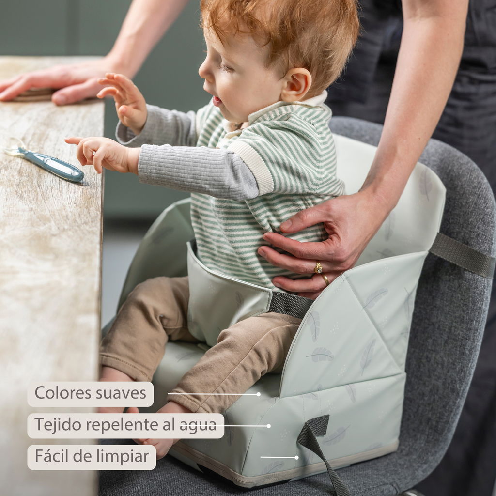 Foody Foldable Booster Seat for Dining Chair - Water-Resistant Seat with Safety Belt - Light Green with Feathers [ES]