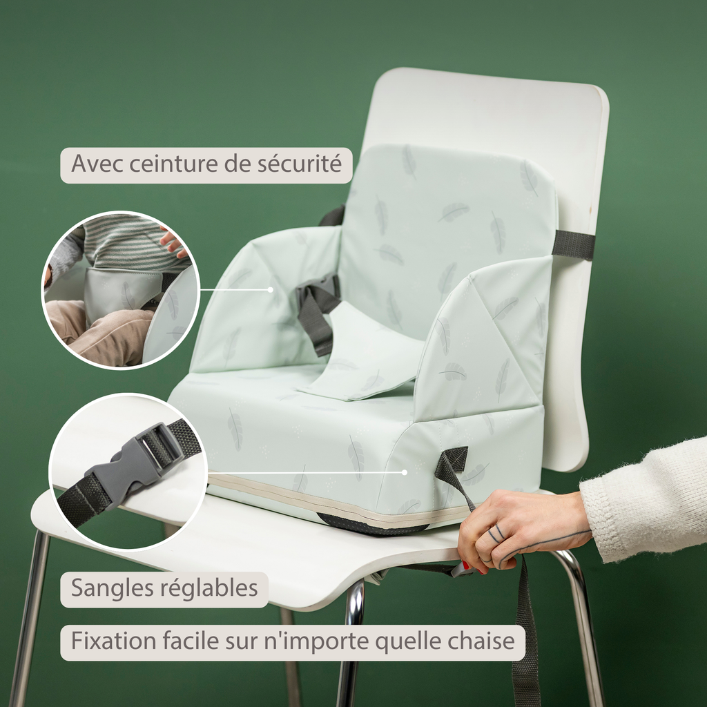 Foody Foldable Booster Seat for Dining Chair - Water-Resistant Seat with Safety Belt - Light Green with Feathers [FR]