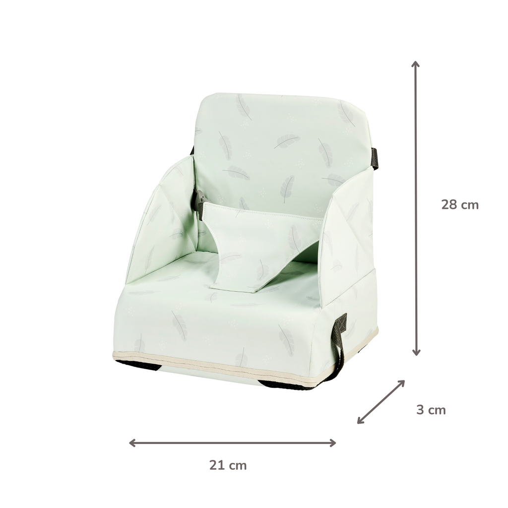 Foody Foldable Booster Seat for Dining Chair - Water-Resistant Seat with Safety Belt - Light Green with Feathers [FR]