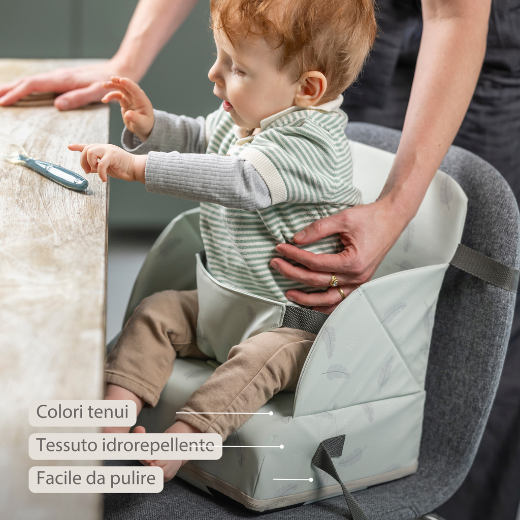 Foody Foldable Booster Seat for Dining Chair - Water-Resistant Seat with Safety Belt - Light Green with Feathers [IT]