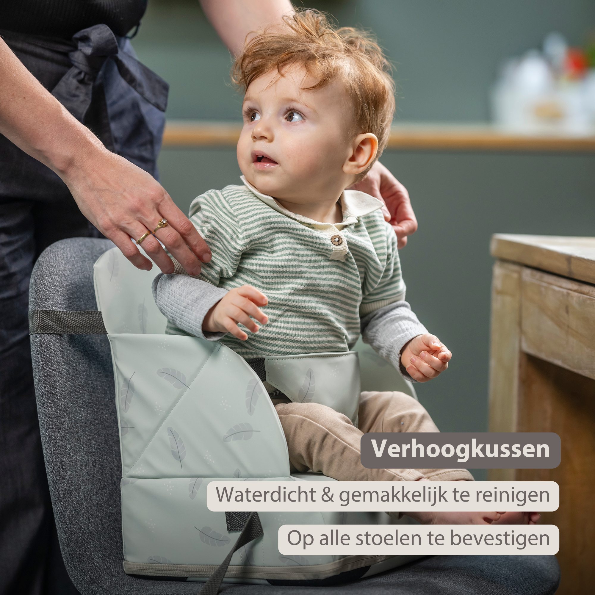 Foody Foldable Booster Seat for Dining Chair - Water-Resistant Seat with Safety Belt - Light Green with Feathers [NL]