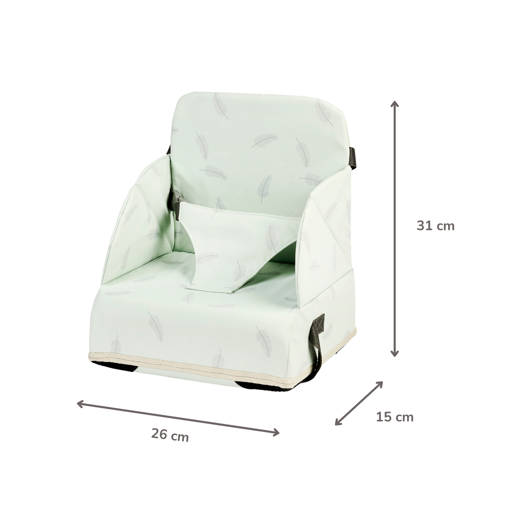 Foody Foldable Booster Seat for Dining Chair - Water-Resistant Seat with Safety Belt - Light Green with Feathers [NL]