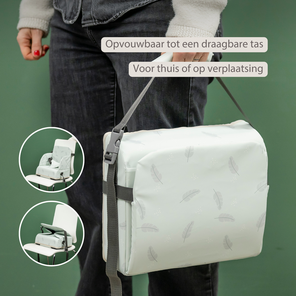 Foody Foldable Booster Seat for Dining Chair - Water-Resistant Seat with Safety Belt - Light Green with Feathers [NL]
