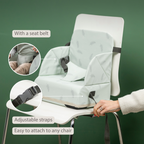 Foody Foldable Booster Seat for Dining Chair - Water-Resistant Seat with Safety Belt - Light Green with Feathers [EN]