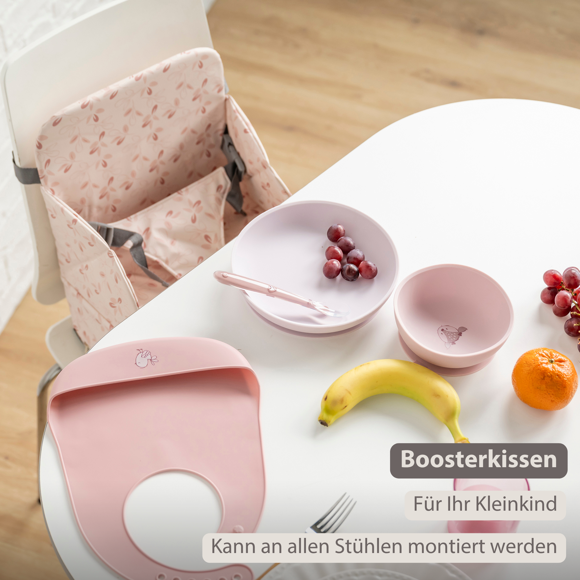 Foody Foldable Booster Seat for Dining Chair - Water-Resistant Seat with Safety Belt - Pink with Petals [DE]