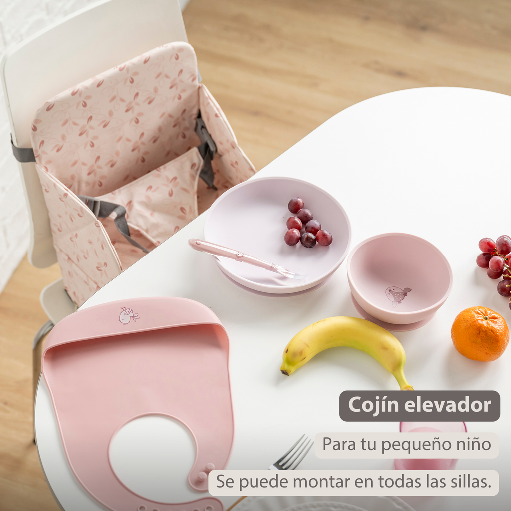 Foody Foldable Booster Seat for Dining Chair - Water-Resistant Seat with Safety Belt - Pink with Petals [ES]