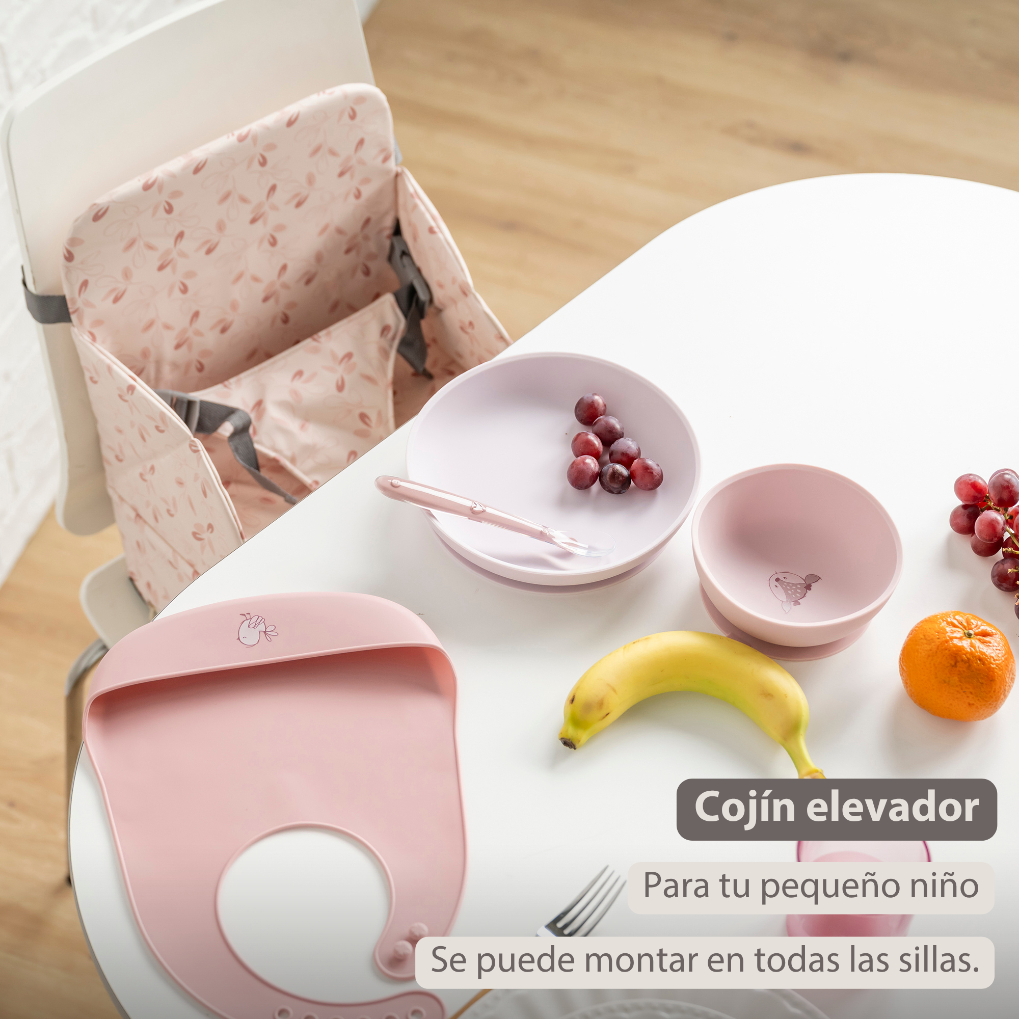 Foody Foldable Booster Seat for Dining Chair - Water-Resistant Seat with Safety Belt - Pink with Petals [ES]