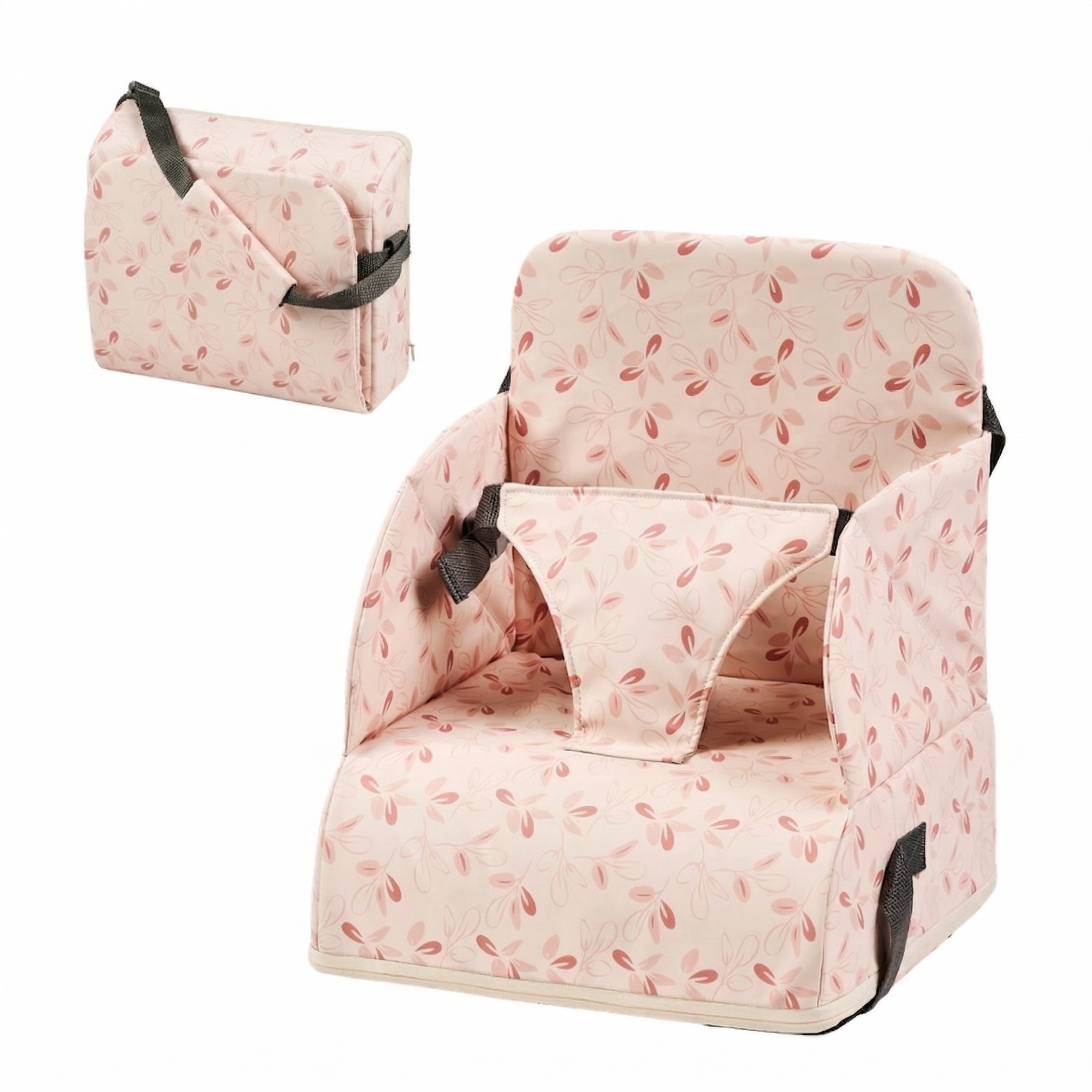Foody Foldable Booster Seat for Dining Chair - Water-Resistant Seat with Safety Belt - Pink with Petals [FR]