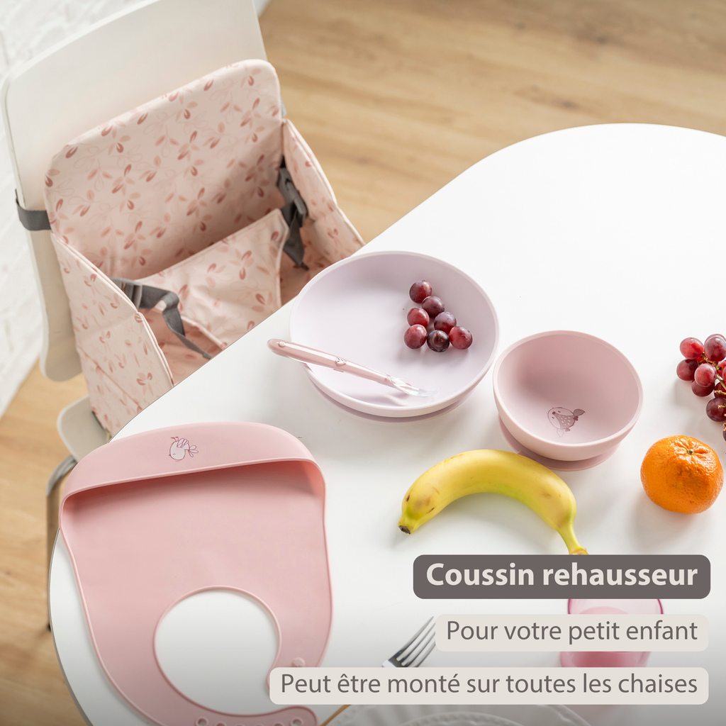 Foody Foldable Booster Seat for Dining Chair - Water-Resistant Seat with Safety Belt - Pink with Petals [FR]