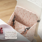 Foody Foldable Booster Seat for Dining Chair - Water-Resistant Seat with Safety Belt - Pink with Petals [FR]