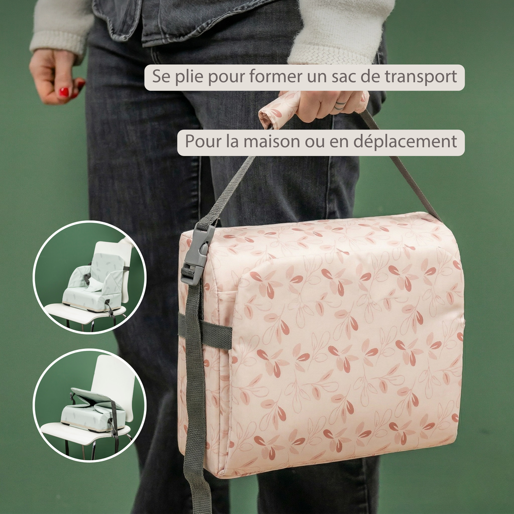 Foody Foldable Booster Seat for Dining Chair - Water-Resistant Seat with Safety Belt - Pink with Petals [FR]