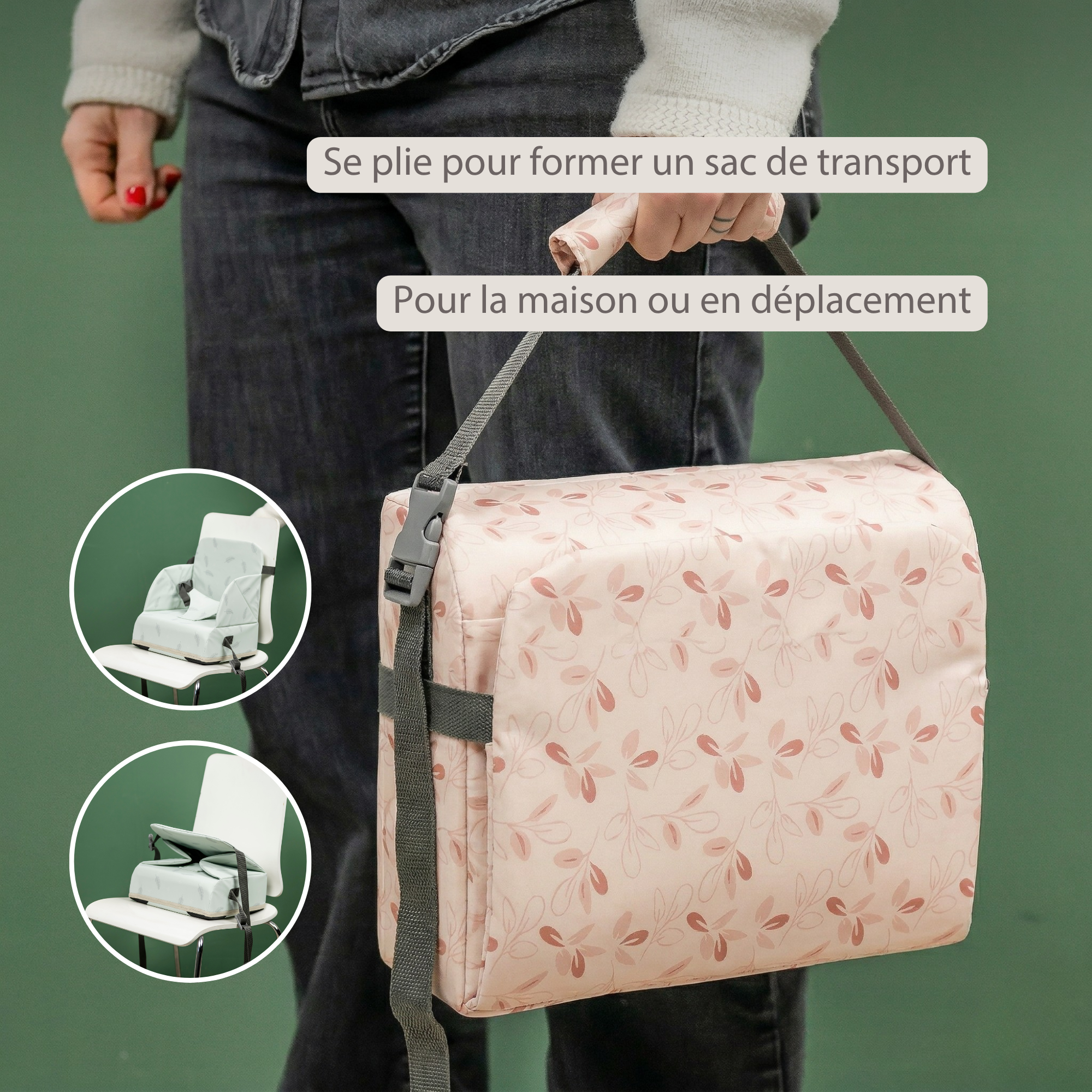 Foody Foldable Booster Seat for Dining Chair - Water-Resistant Seat with Safety Belt - Pink with Petals [FR]