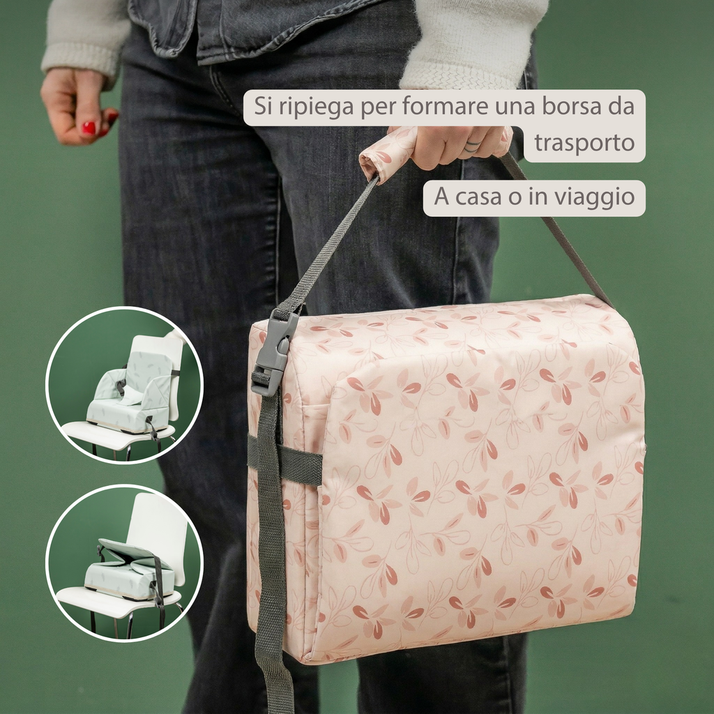 Foody Foldable Booster Seat for Dining Chair - Water-Resistant Seat with Safety Belt - Pink with Petals [IT]