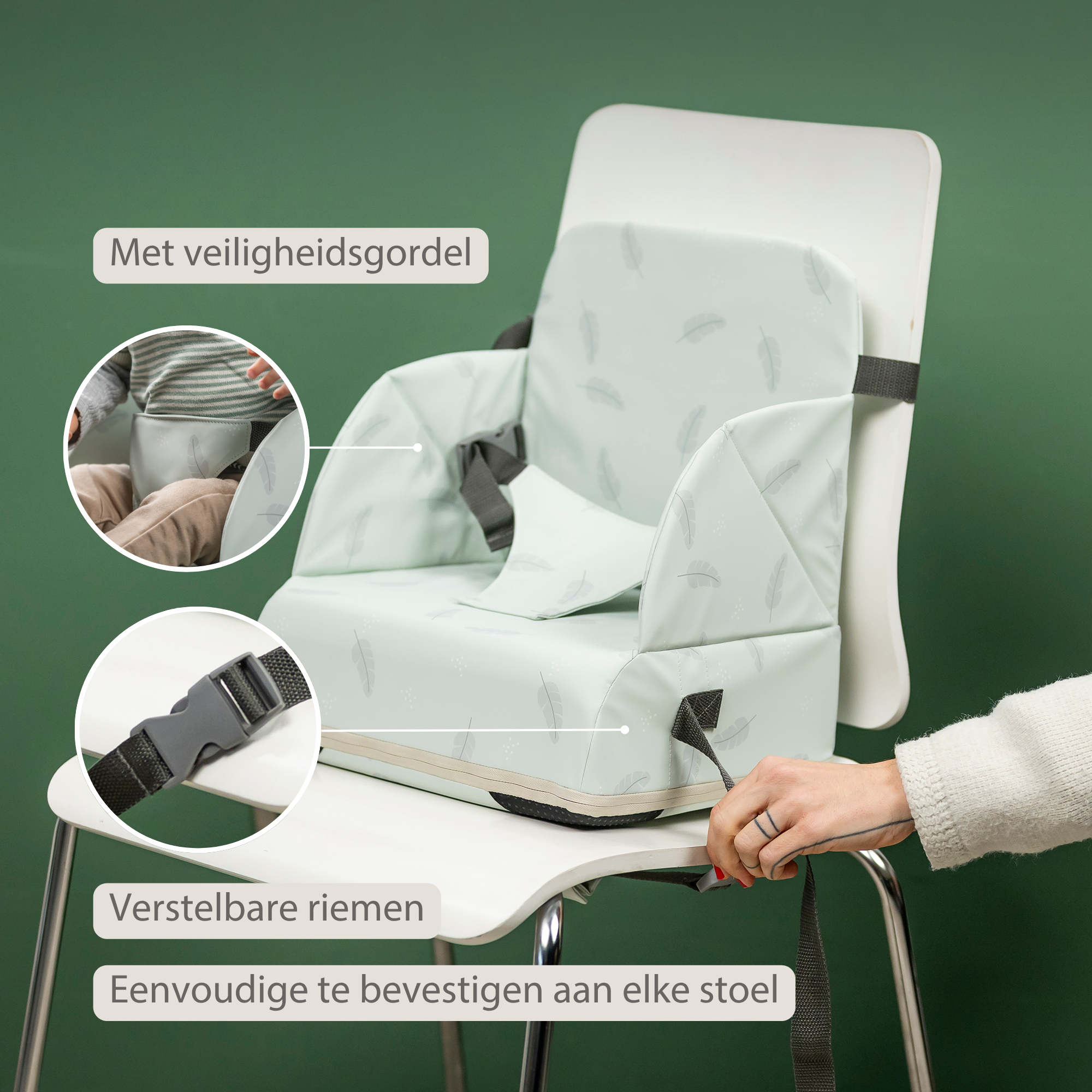 Foody Foldable Booster Seat for Dining Chair - Water-Resistant Seat with Safety Belt - Pink with Petals [NL]