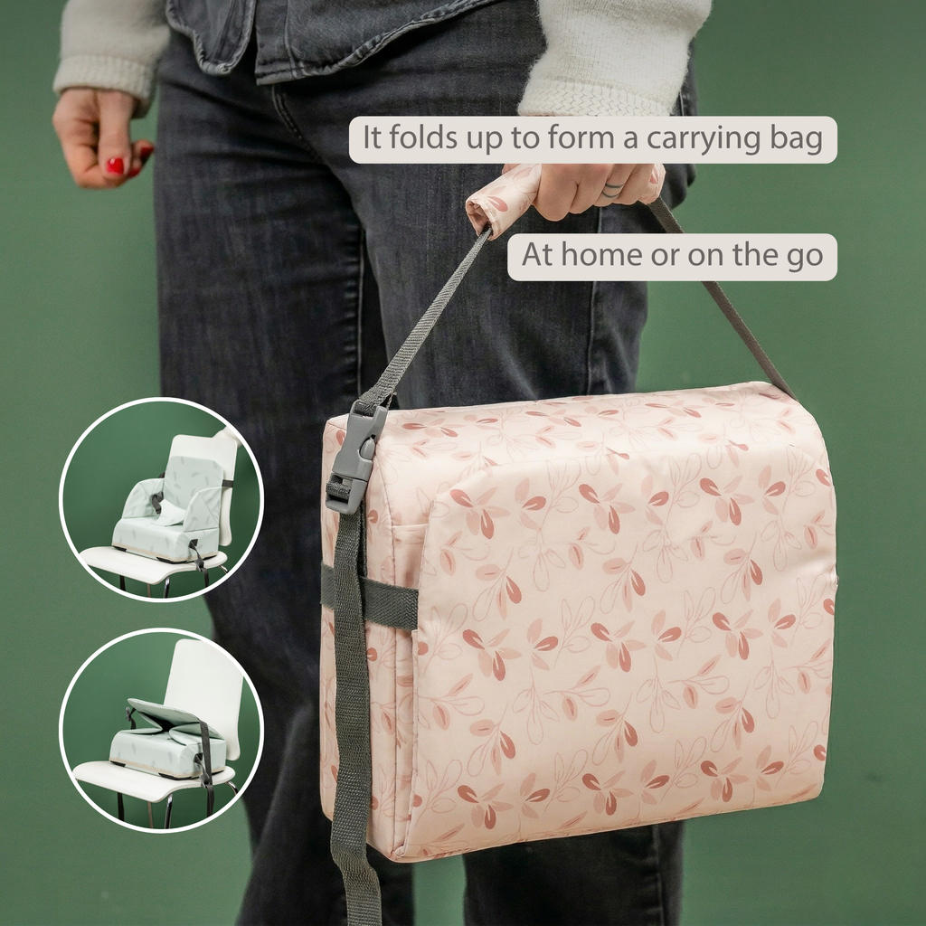 Foody Foldable Booster Seat for Dining Chair - Water-Resistant Seat with Safety Belt - Pink with Petals [EN]