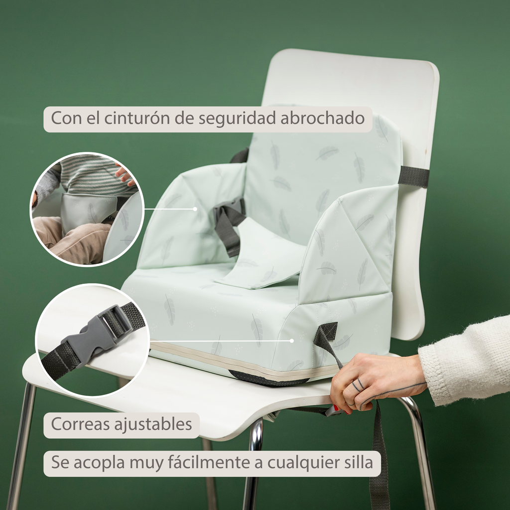 Foody Foldable Booster Seat for Dining Chair - Water-Resistant Seat with Safety Belt - Beige with Stars [ES]