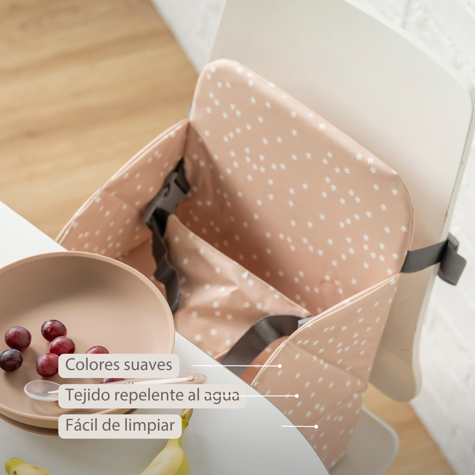Foody Foldable Booster Seat for Dining Chair - Water-Resistant Seat with Safety Belt - Beige with Stars [ES]