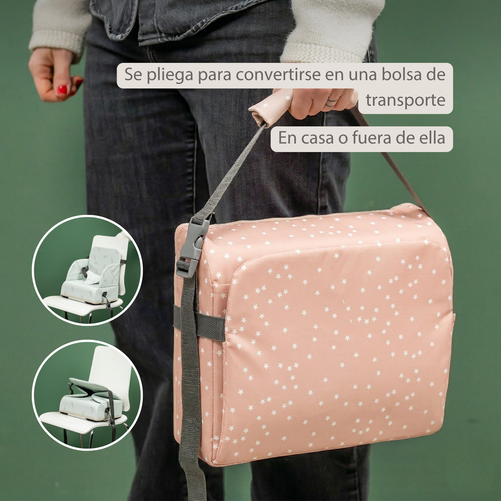 Foody Foldable Booster Seat for Dining Chair - Water-Resistant Seat with Safety Belt - Beige with Stars [ES]