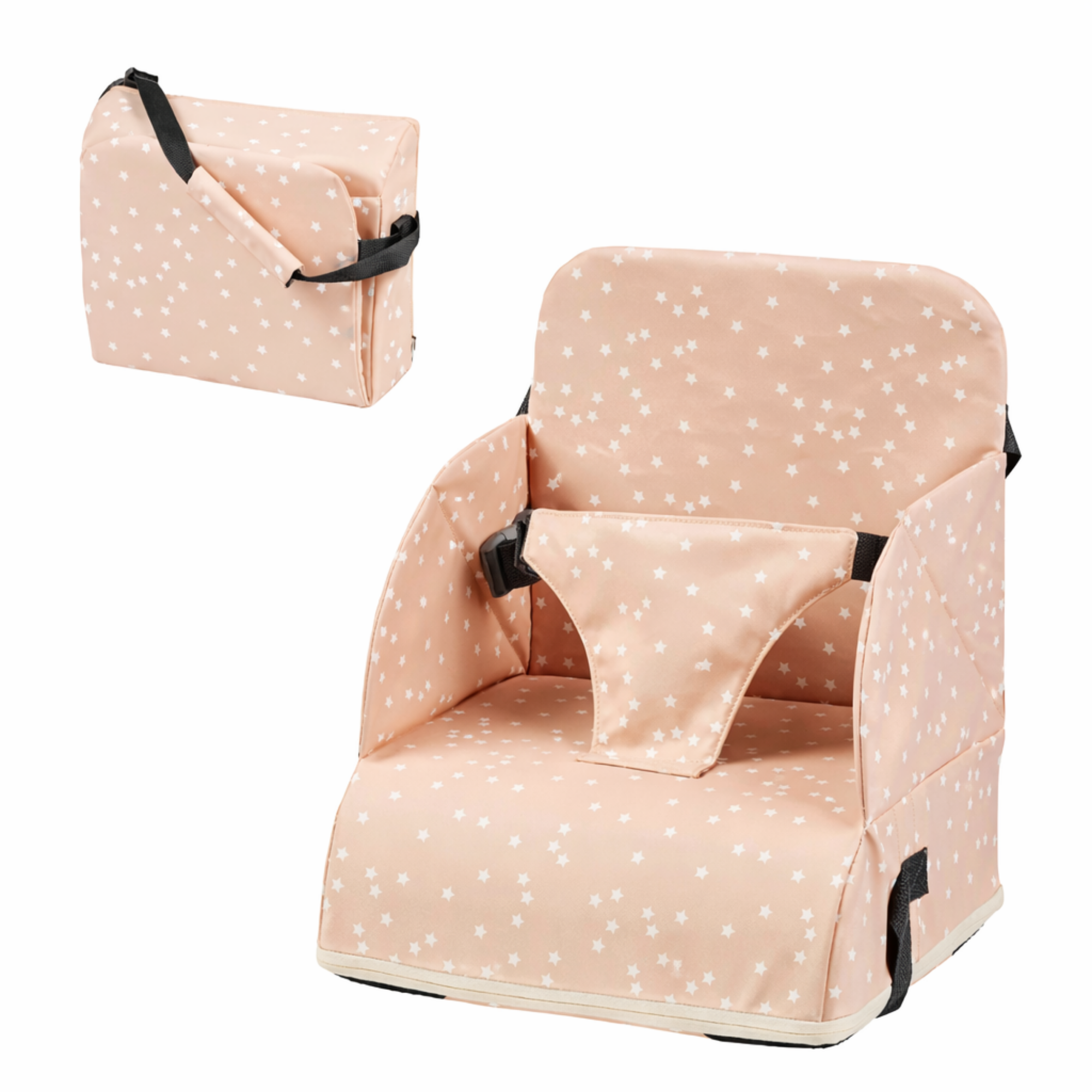 Foody Foldable Booster Seat for Dining Chair - Water-Resistant Seat with Safety Belt - Beige with Stars [FR]