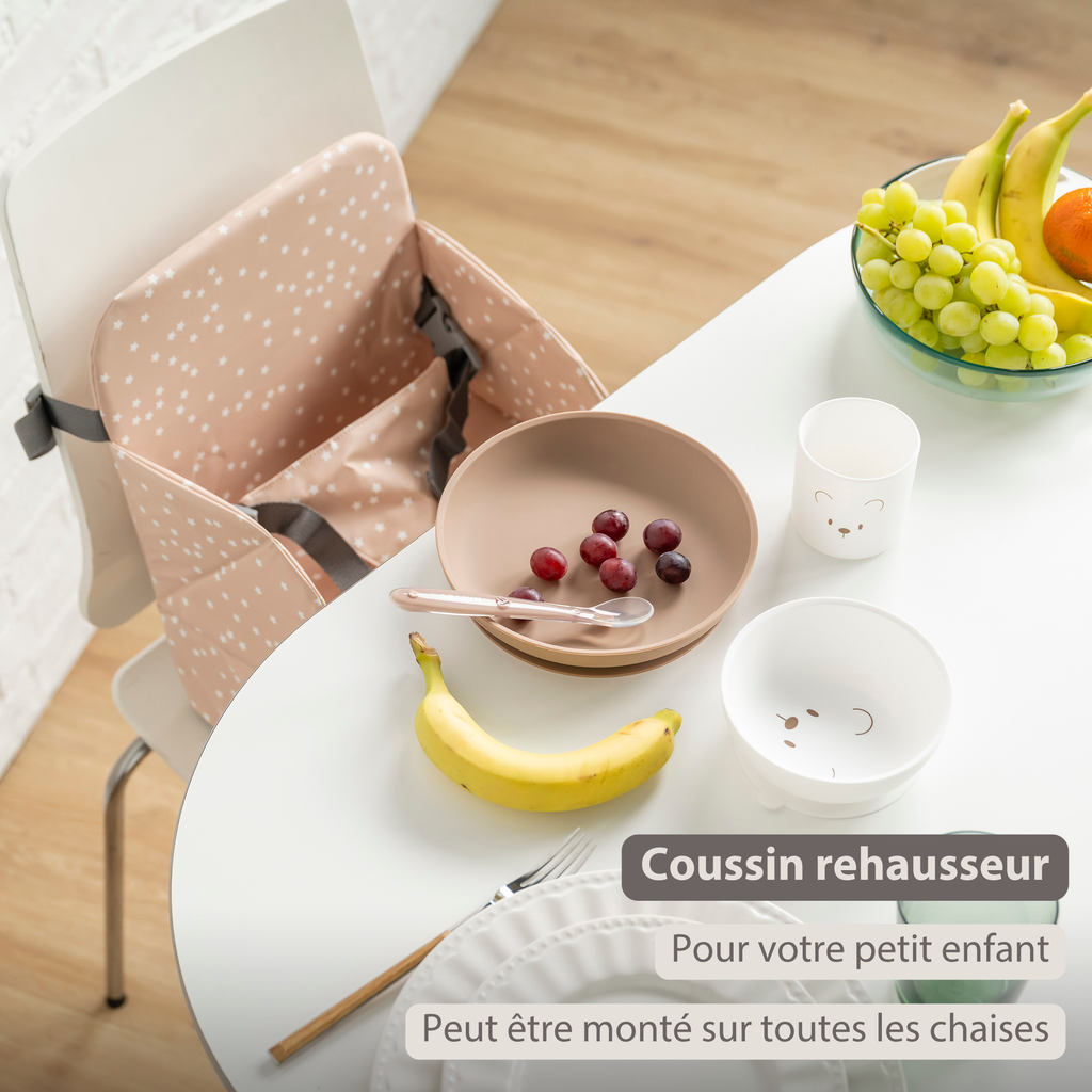 Foody Foldable Booster Seat for Dining Chair - Water-Resistant Seat with Safety Belt - Beige with Stars [FR]