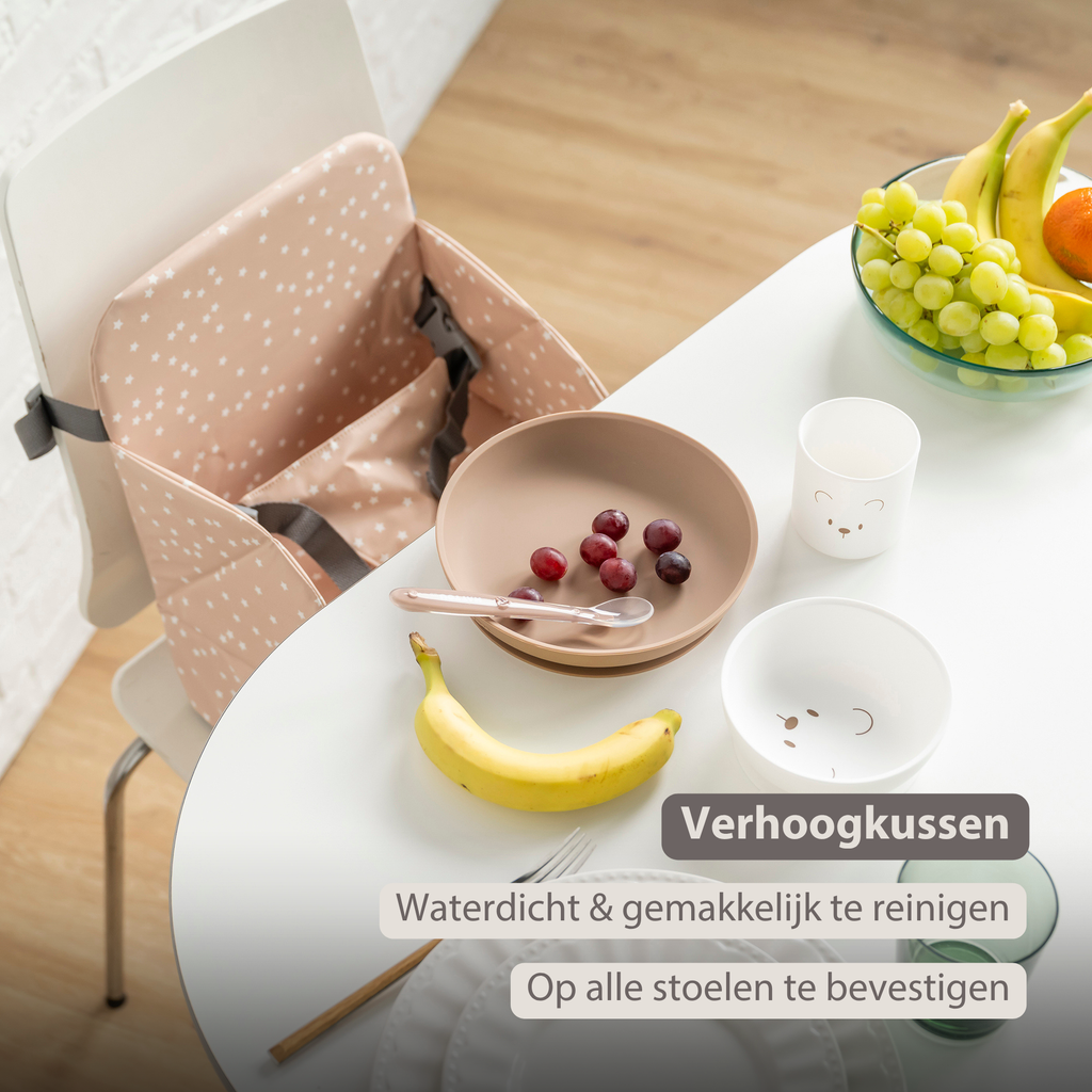Foody Foldable Booster Seat for Dining Chair - Water-Resistant Seat with Safety Belt - Beige with Stars [NL]