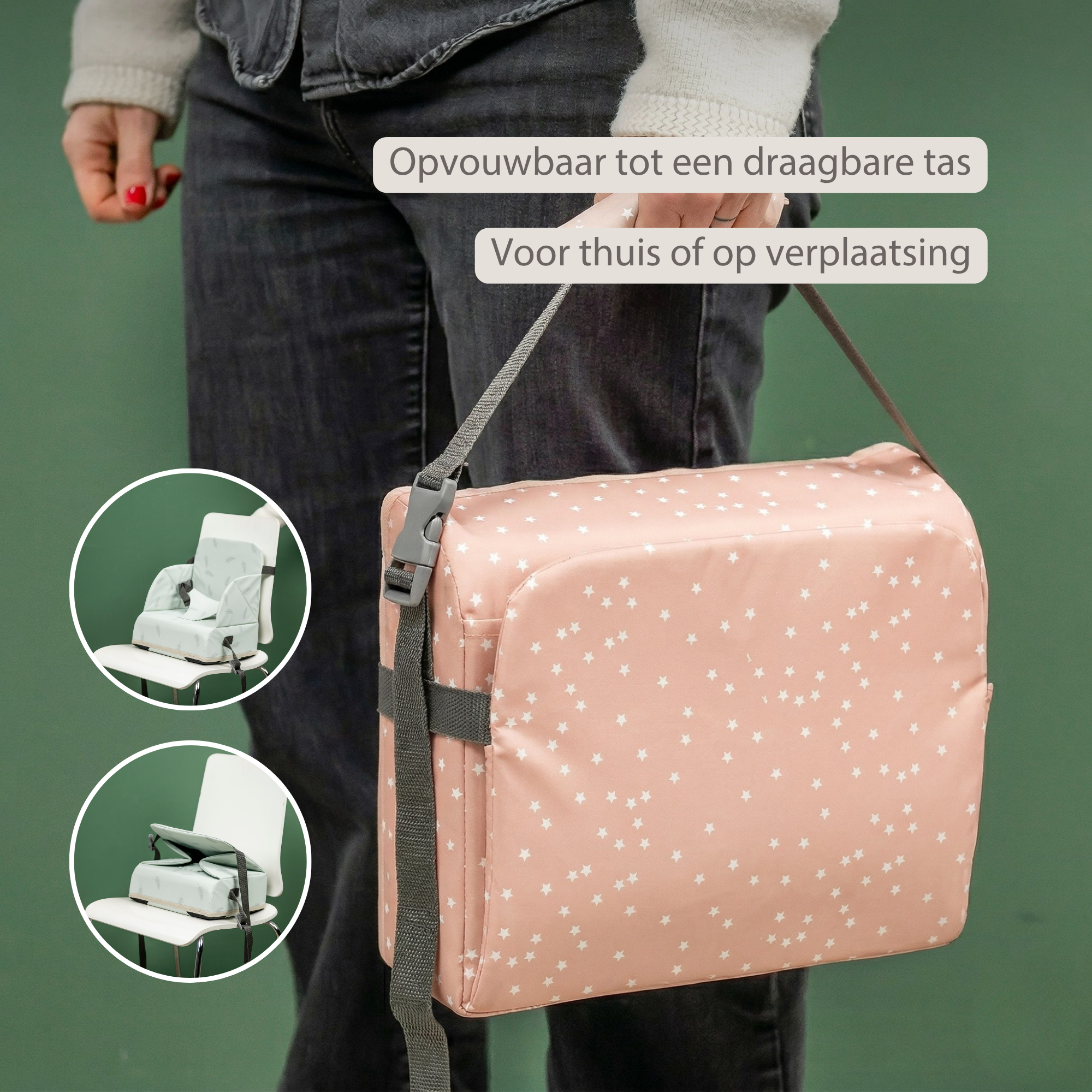 Foody Foldable Booster Seat for Dining Chair - Water-Resistant Seat with Safety Belt - Beige with Stars [NL]