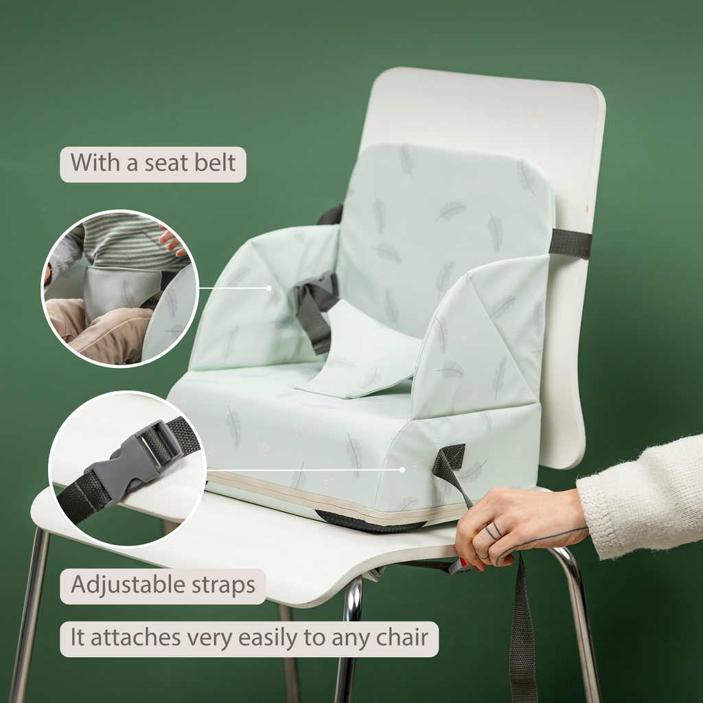 Foody Foldable Booster Seat for Dining Chair - Water-Resistant Seat with Safety Belt - Beige with Stars [EN]
