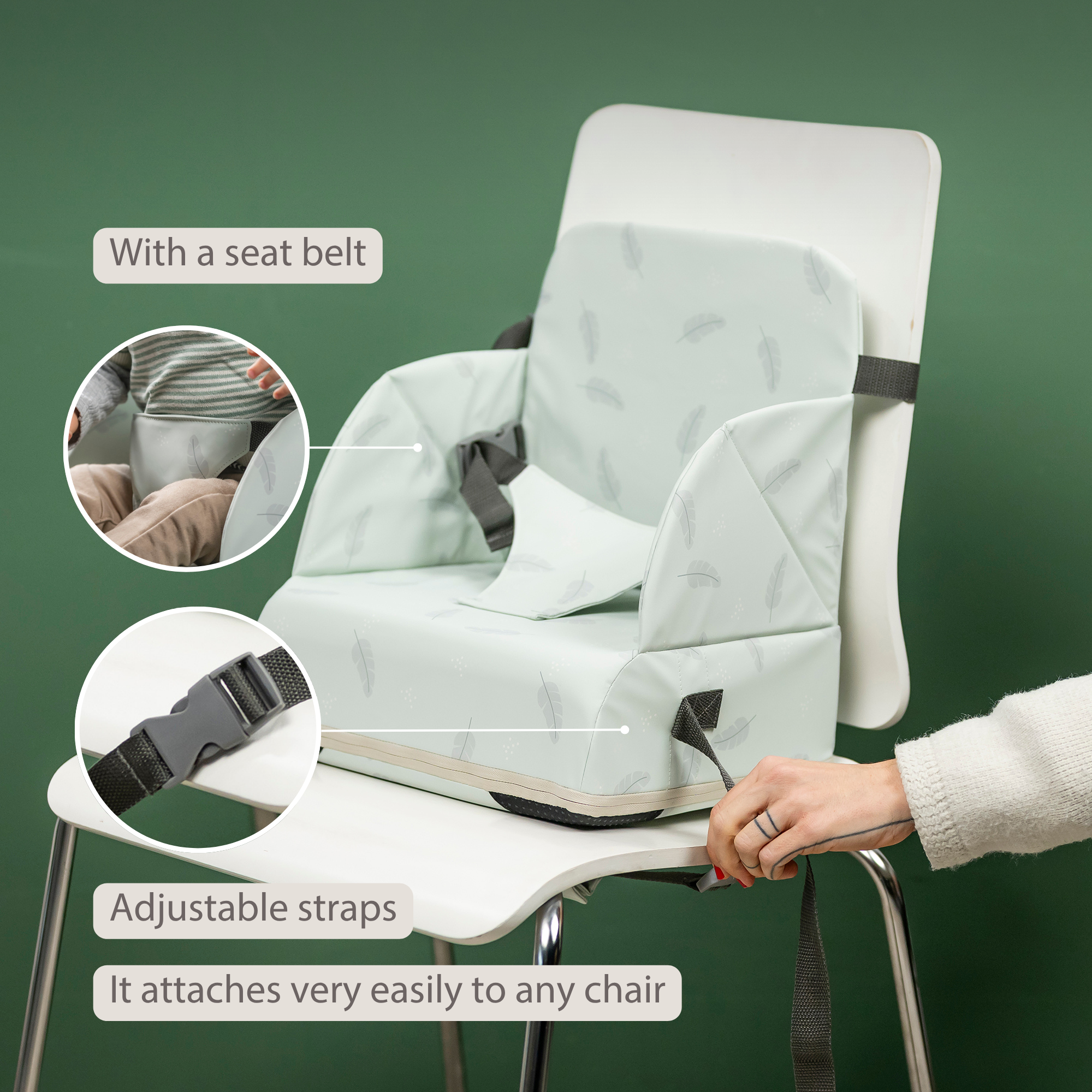 Foody Foldable Booster Seat for Dining Chair - Water-Resistant Seat with Safety Belt - Beige with Stars [EN]