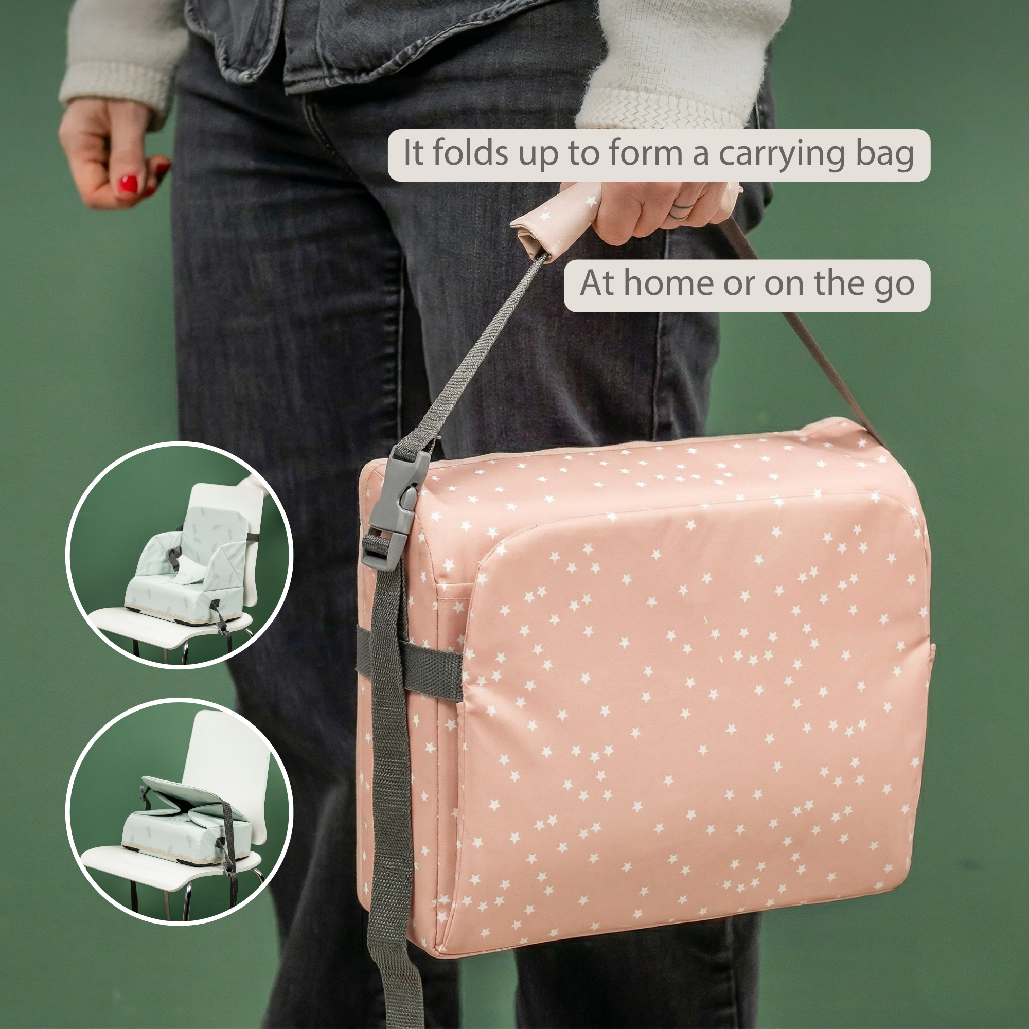 Foody Foldable Booster Seat for Dining Chair - Water-Resistant Seat with Safety Belt - Beige with Stars [EN]
