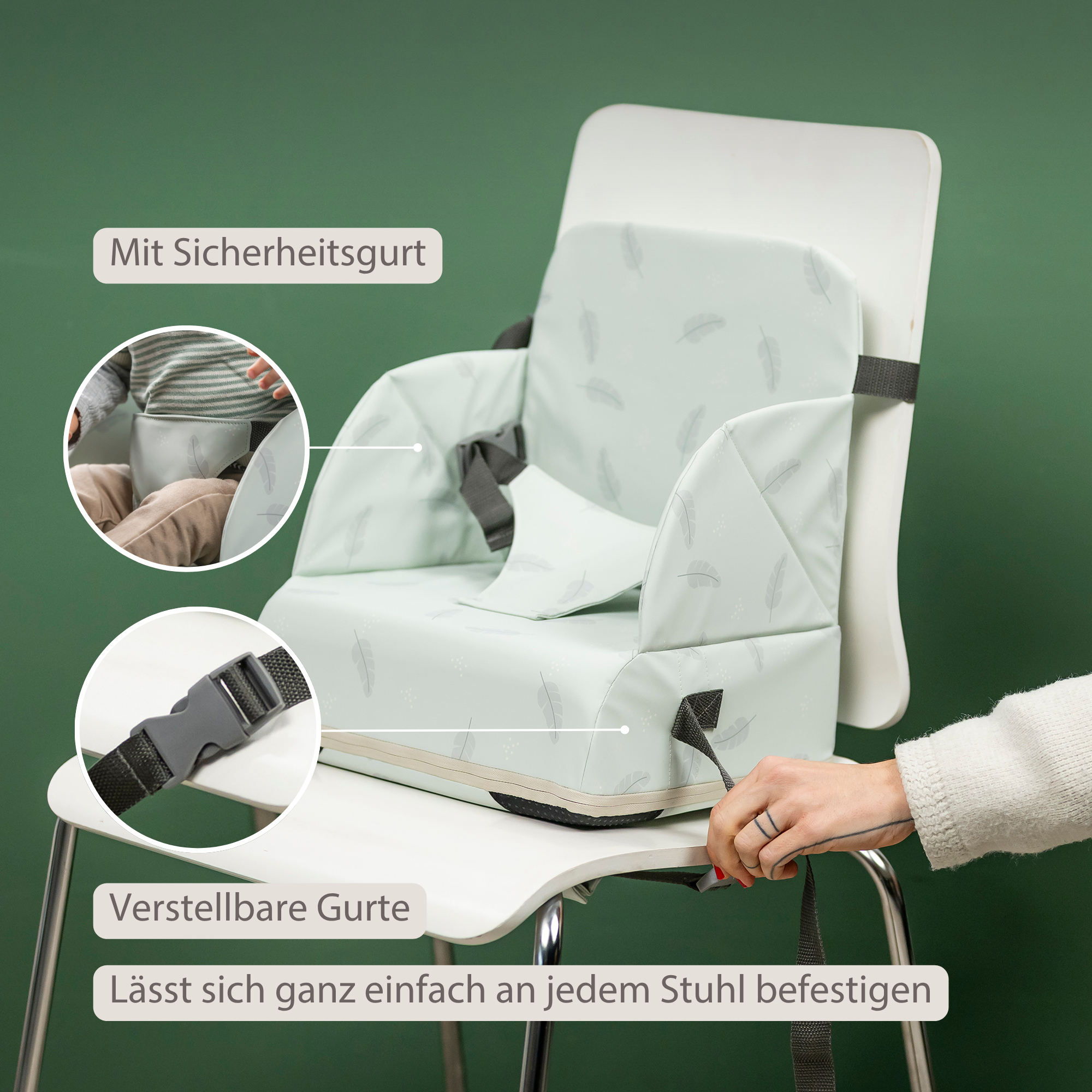 Foody Foldable Booster Seat for Dining Chair - Water-Resistant Seat with Safety Belt - Ecru with Elephants [DE]