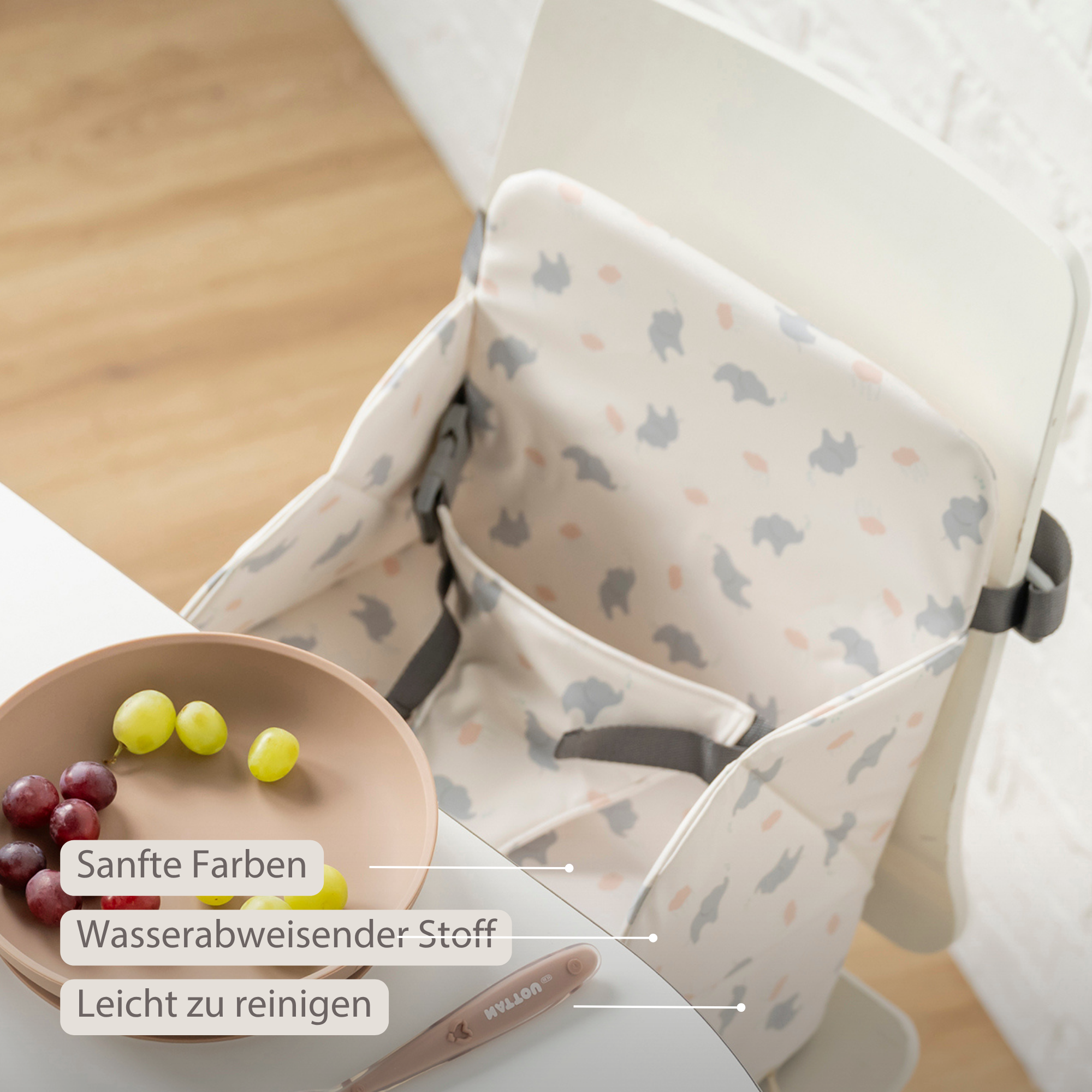 Foody Foldable Booster Seat for Dining Chair - Water-Resistant Seat with Safety Belt - Ecru with Elephants [DE]