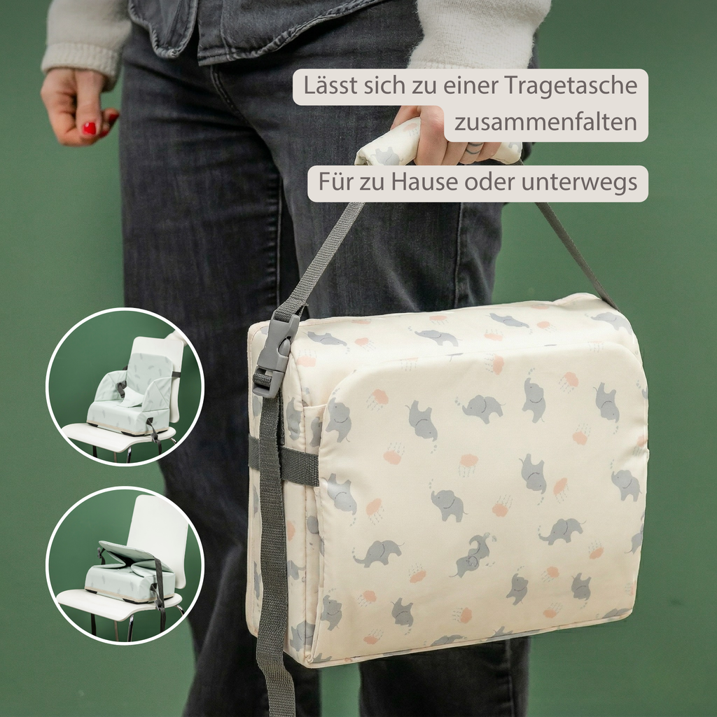 Foody Foldable Booster Seat for Dining Chair - Water-Resistant Seat with Safety Belt - Ecru with Elephants [DE]