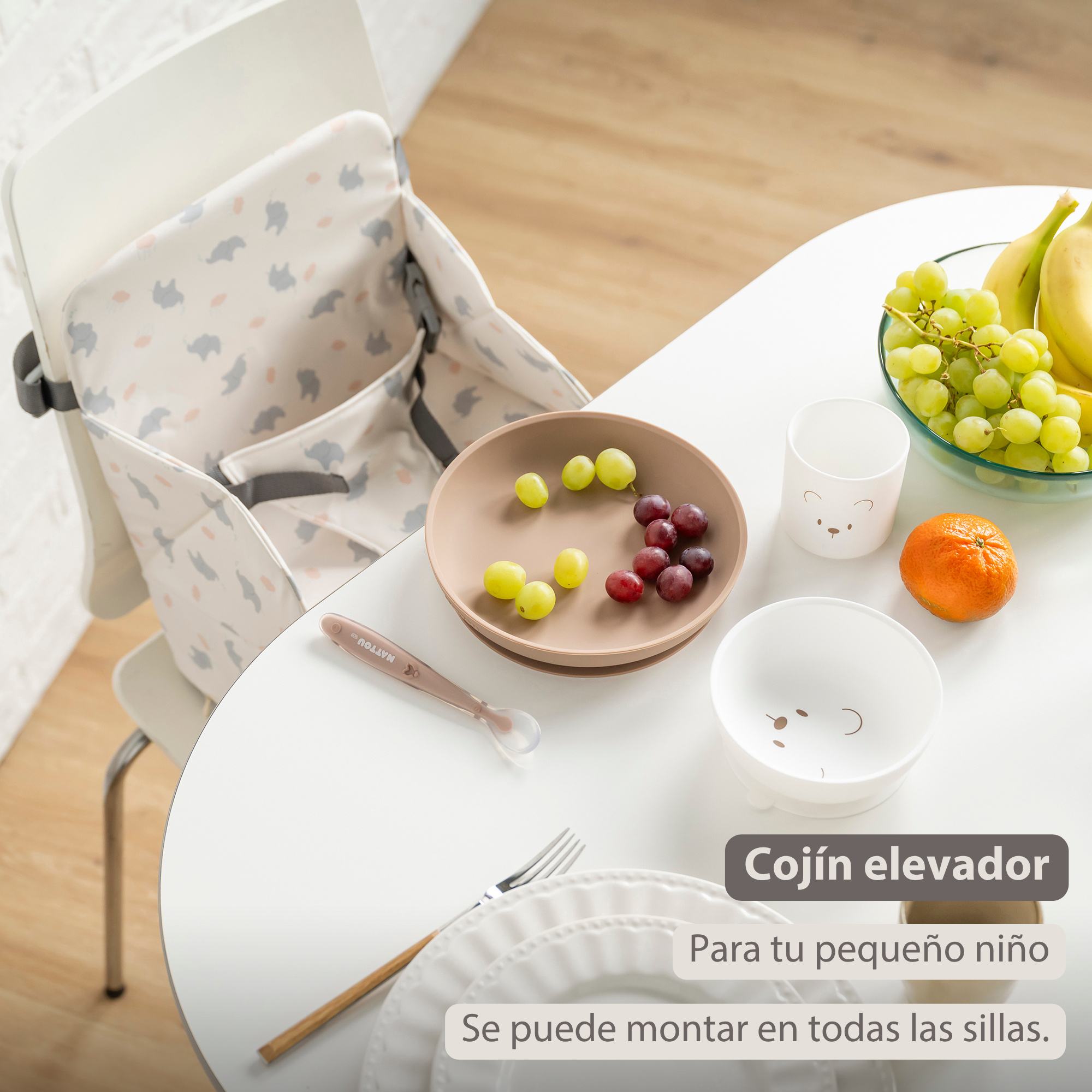 Foody Foldable Booster Seat for Dining Chair - Water-Resistant Seat with Safety Belt - Ecru with Elephants [ES]