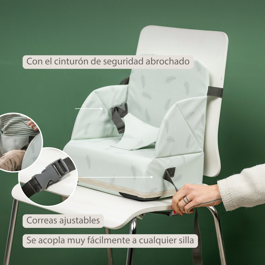 Foody Foldable Booster Seat for Dining Chair - Water-Resistant Seat with Safety Belt - Ecru with Elephants [ES]