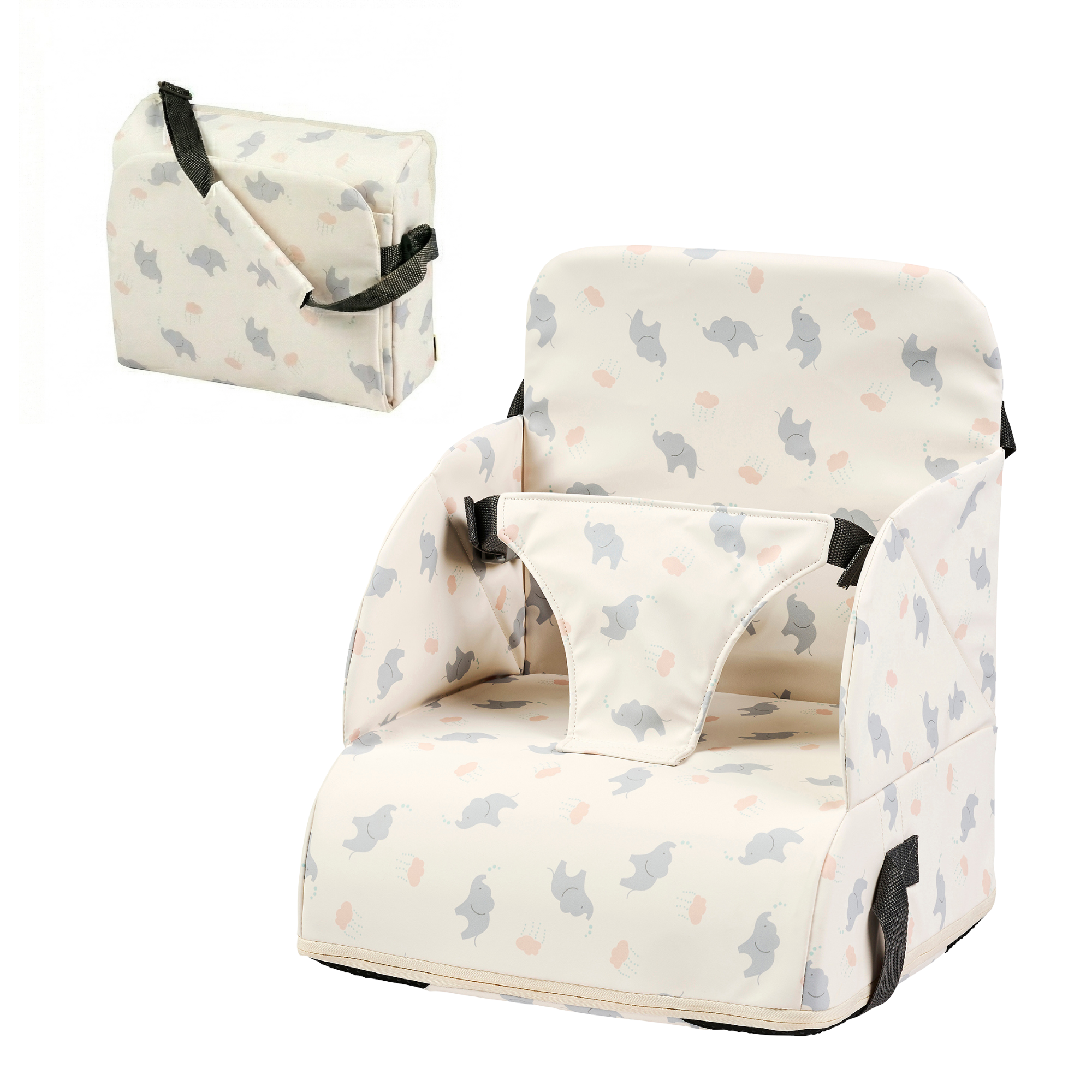 Foody Foldable Booster Seat for Dining Chair - Water-Resistant Seat with Safety Belt - Ecru with Elephants [FR]