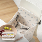 Foody Foldable Booster Seat for Dining Chair - Water-Resistant Seat with Safety Belt - Ecru with Elephants [FR]