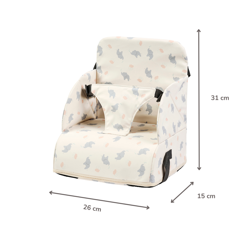 Foody Foldable Booster Seat for Dining Chair - Water-Resistant Seat with Safety Belt - Ecru with Elephants [FR]