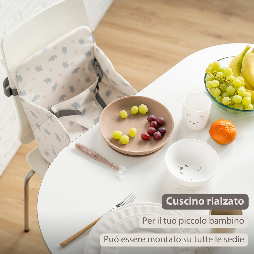 Foody Foldable Booster Seat for Dining Chair - Water-Resistant Seat with Safety Belt - Ecru with Elephants [IT]