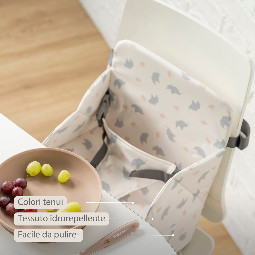 Foody Foldable Booster Seat for Dining Chair - Water-Resistant Seat with Safety Belt - Ecru with Elephants [IT]