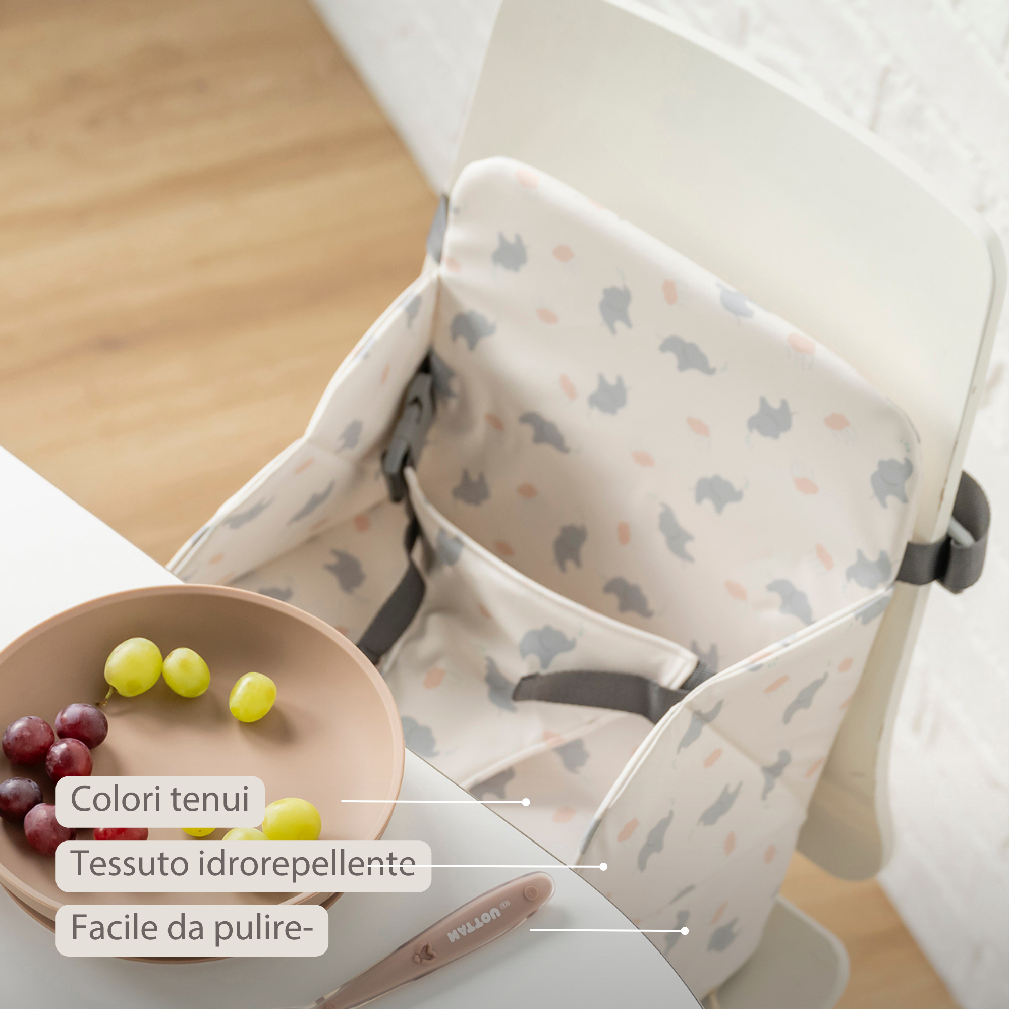 Foody Foldable Booster Seat for Dining Chair - Water-Resistant Seat with Safety Belt - Ecru with Elephants [IT]