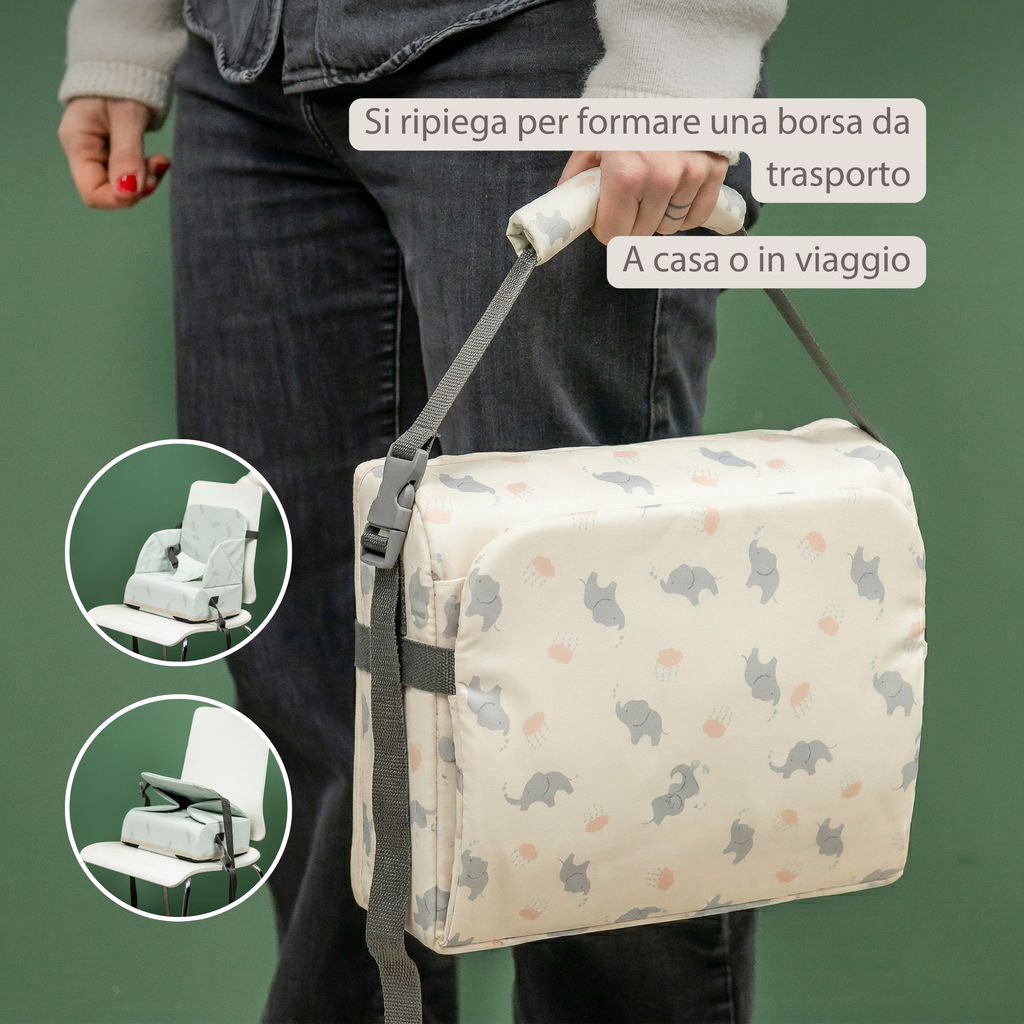 Foody Foldable Booster Seat for Dining Chair - Water-Resistant Seat with Safety Belt - Ecru with Elephants [IT]