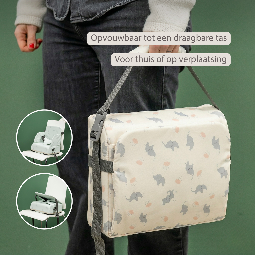 Foody Foldable Booster Seat for Dining Chair - Water-Resistant Seat with Safety Belt - Ecru with Elephants [NL]