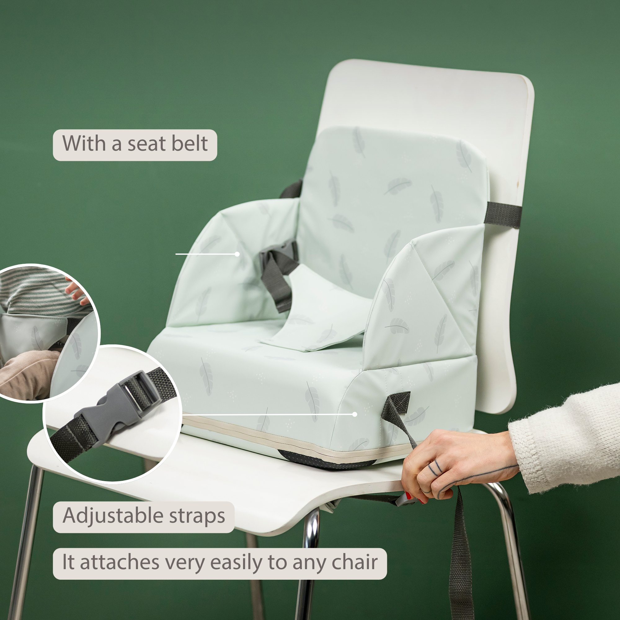 Foody Foldable Booster Seat for Dining Chair - Water-Resistant Seat with Safety Belt - Ecru with Elephants [EN]